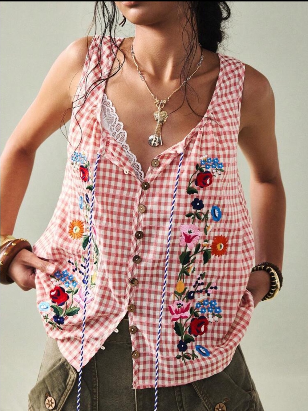 Embroidered Pink Gingham Button-Front Tank Shirt Like Free People